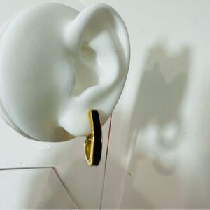 Vintage Monet Gold Tone Black ENAMEL Clip On HOOP EARRINGS